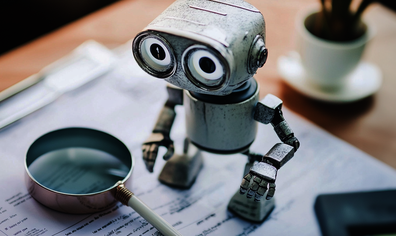 Ein Roboter (KI) und eine Lupe analysieren eine Bilanz um festzustellen, ob es sich um Bilanzfälschung handelt