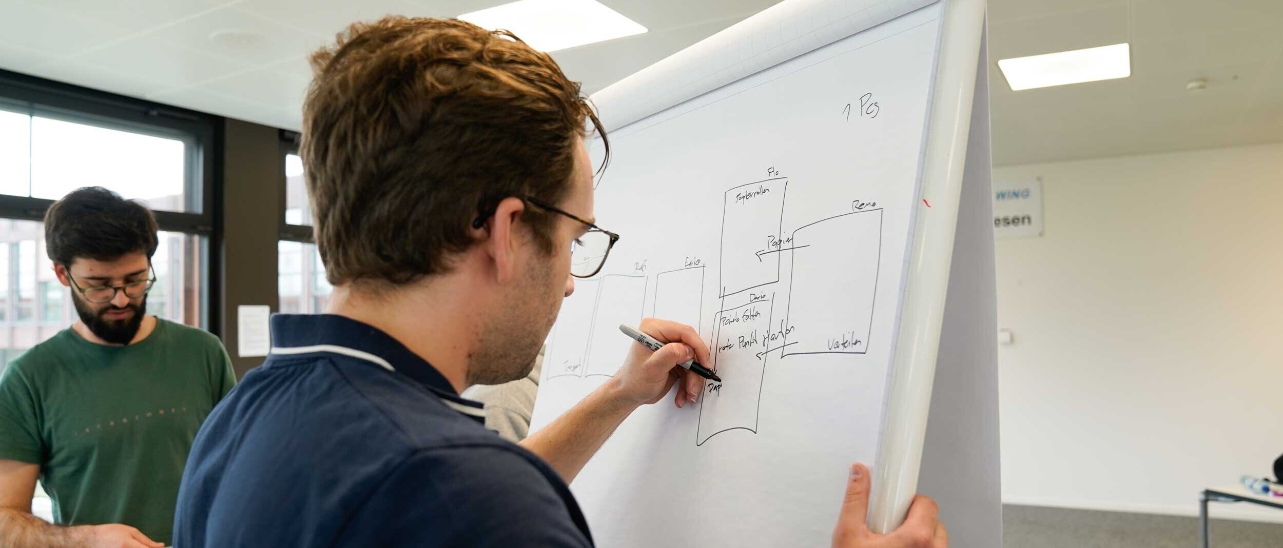 Angehender Wirtschaftsingenieur erstellt einen Plan für das Kanban Game zum Thema Lean Management.