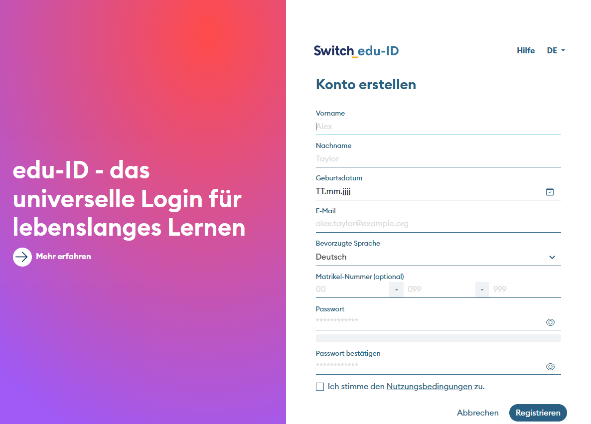 Screenshot des Anmeldeformulars Switch edu-ID